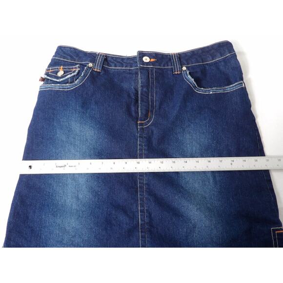 Vezucci Jeans Skirt Dark Wash Knee Length Modest Womens Sz 14 Orange Accent Y2K - Picture 4 of 11